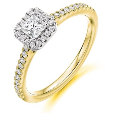 18ct Yellow Gold 0.60ct Princess Cut Halo Set Diamond Ring 