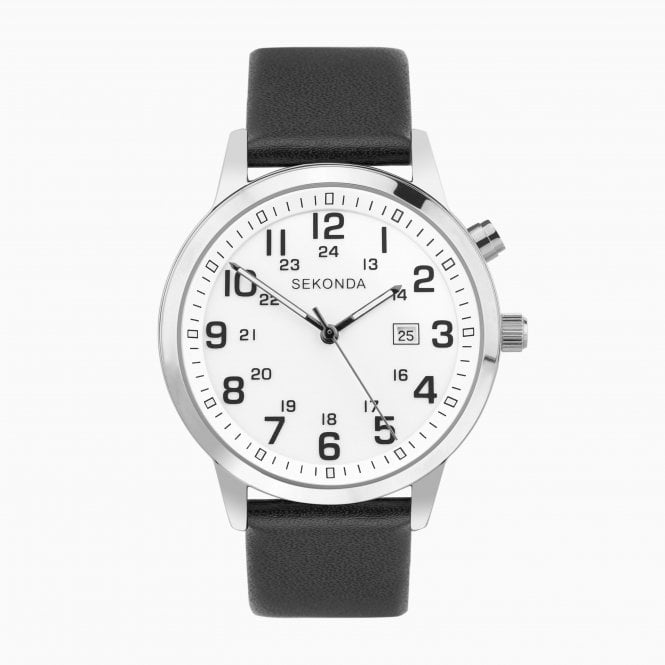 Men's Black Leather Back Light Watch