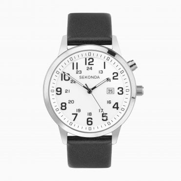 Men's Black Leather Back Light Watch