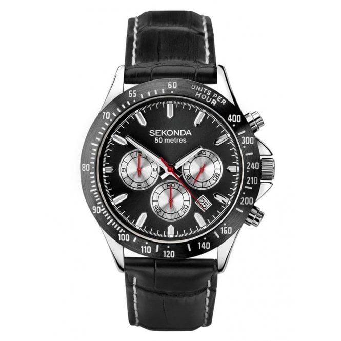 Men's Black Leather Chronograph Watch