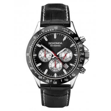 Men's Black Leather Chronograph Watch