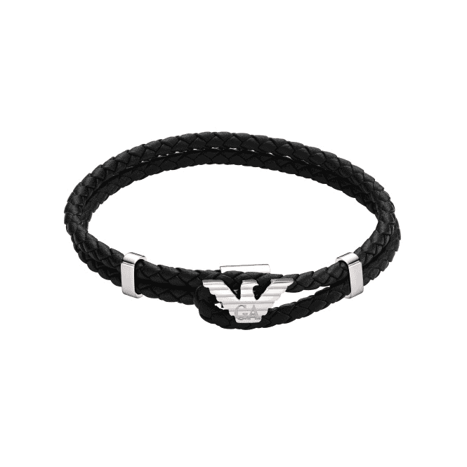 Men's Black Leather Eagle Logo Bracelet 