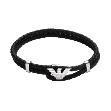 Men's Black Leather Eagle Logo Bracelet 