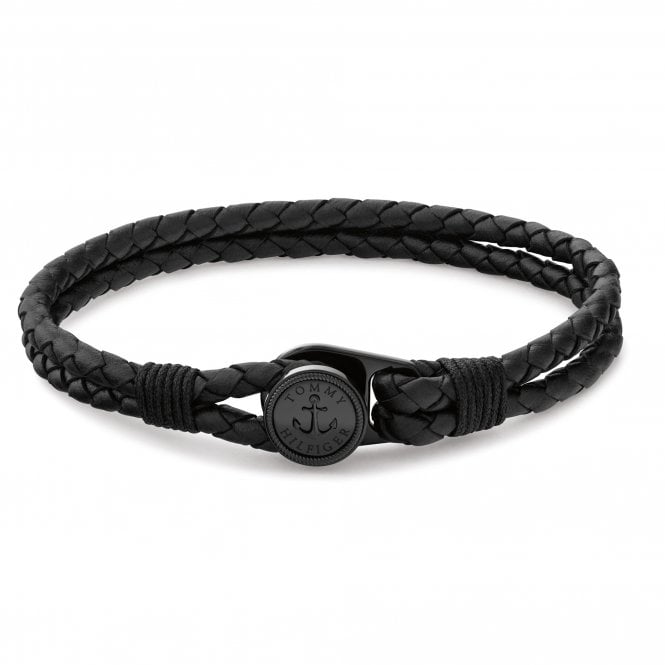 Men's Black Leather Nautical Bracelet