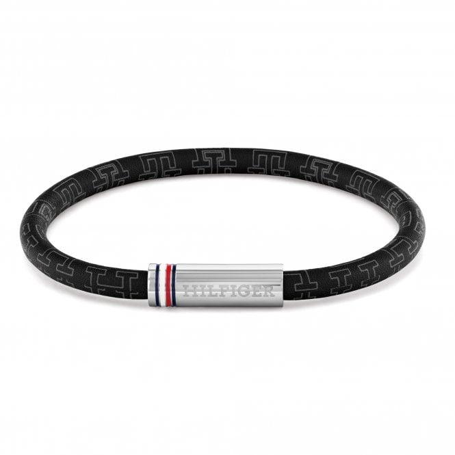 Men's Black Leather Printed Cord Bracelet
