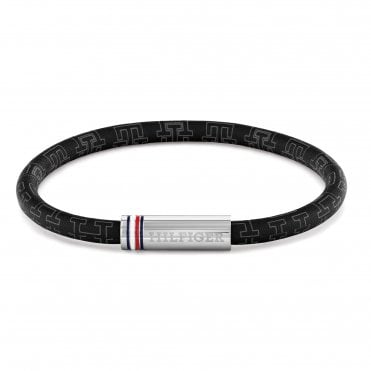 Men's Black Leather Printed Cord Bracelet