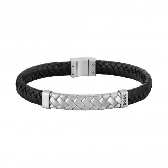 Men's Black Leather Tailored Herringbone Bracelet