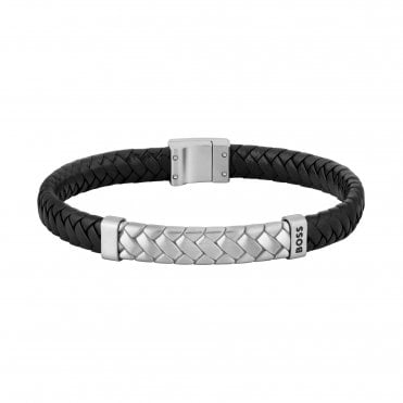 Men's Black Leather Tailored Herringbone Bracelet