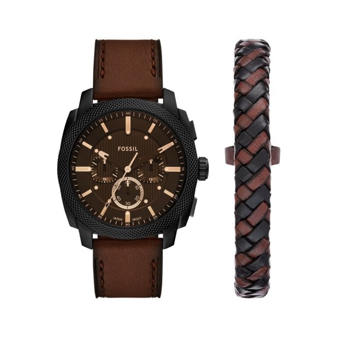 Men's Brown Leather Machine Watch & Bracelet Set