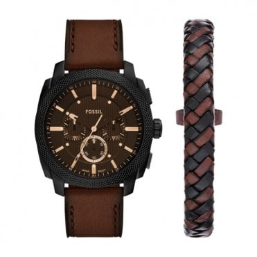 Men's Brown Leather Machine Watch & Bracelet Set