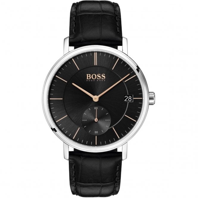 Men's Stainless Steel Black Leather Corporal Watch 1513638