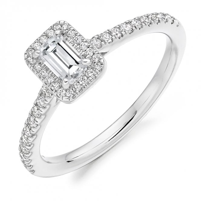 Platinum 0.55ct Emerald Cut Halo Set Diamond Ring 