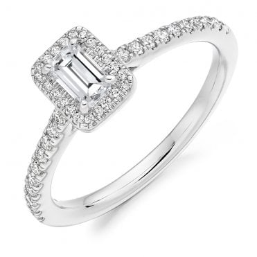 Platinum 0.55ct Emerald Cut Halo Set Diamond Ring 