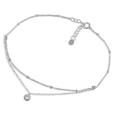 Sterling Silver Anklet 23-26cm Beaded Chain & Cubic Zurconia Split Chain